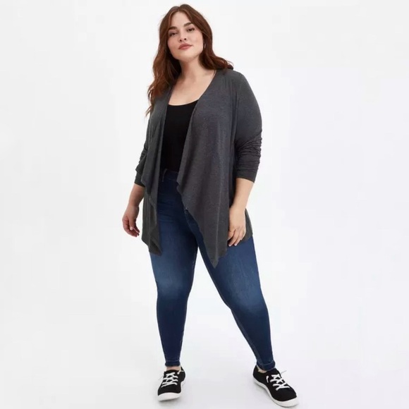 Torrid super soft gray draped open front waterfall cardigan size 1X - Picture 2 of 10